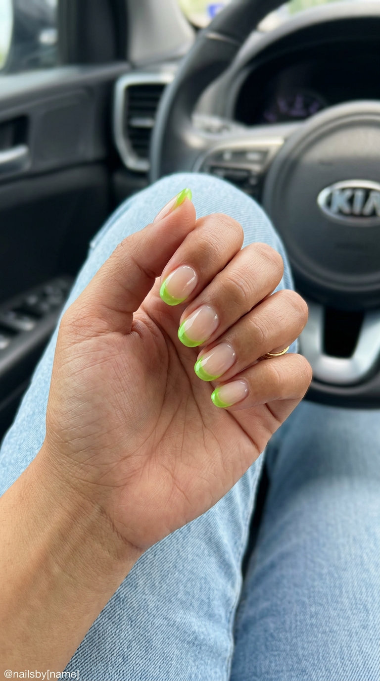 Lime green jelly French tip short round nails 2026 for vacation or summer party. Playful & artistic.