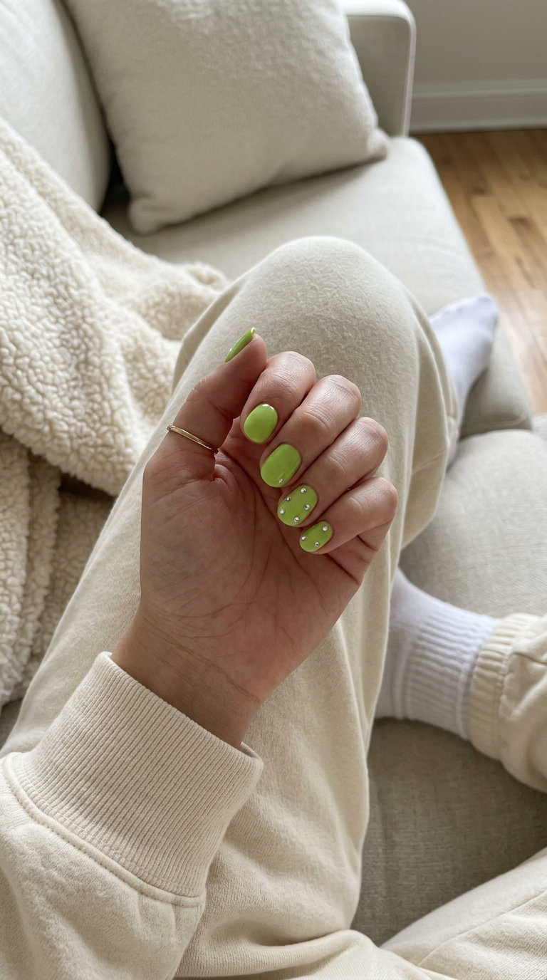 Vibrant lime green short round summer nails 2026 with rhinestone accents for festivals and parties.
