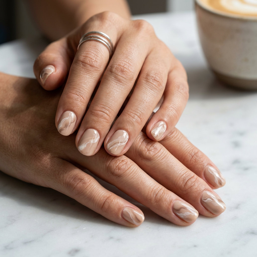 Short round summer nails 2026: Sophisticated nude marble swirls for daily wear & office.