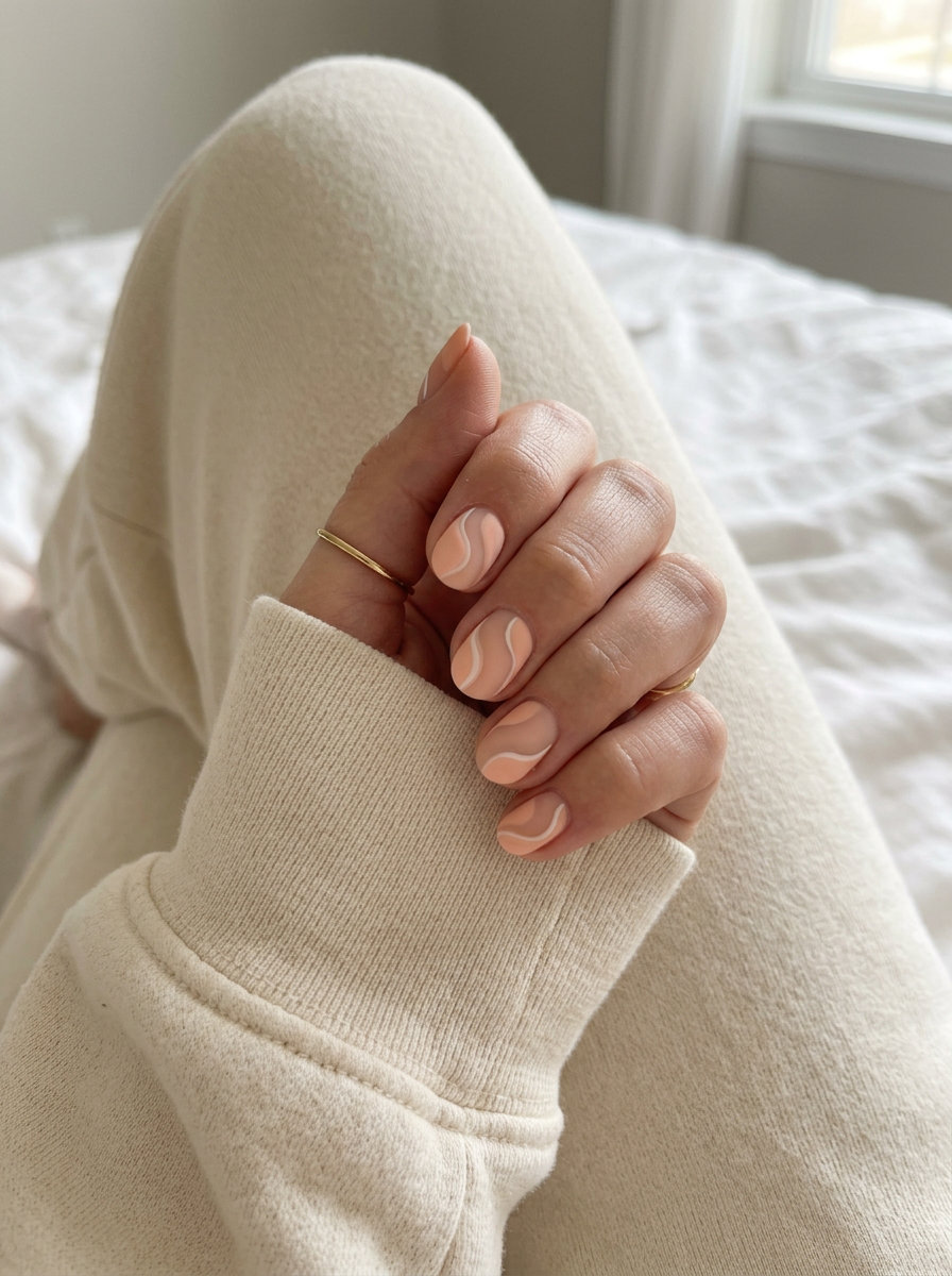 Peach fuzz negative space swirls short round nails 2026 for work or casual weekend. Minimalist & chic.