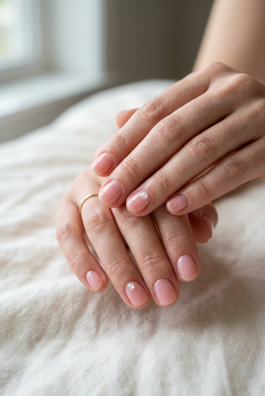 Short round summer nails 2026: Sheer pink gel with iridescent pearl accent for weddings & date nights.