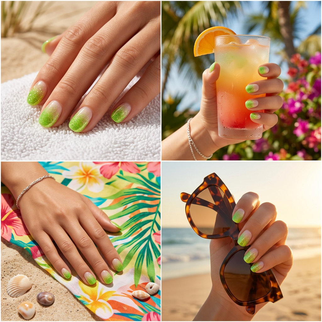 Playful lime glitter gradient sparkle short round nails for parties and festivals. Short round summer nails 2026.