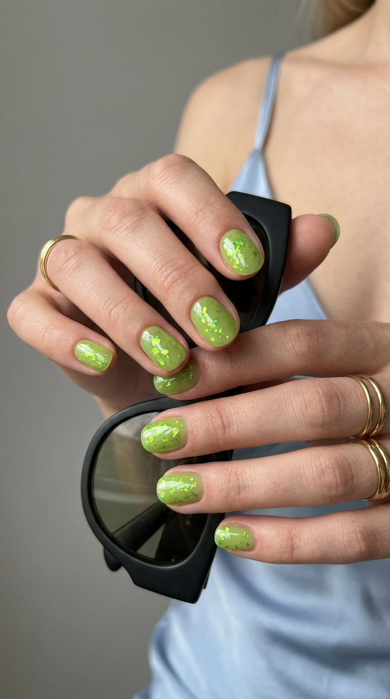 Edgy lime green jelly foil flakes short round nails for festivals and street style. Short round summer nails 2026.