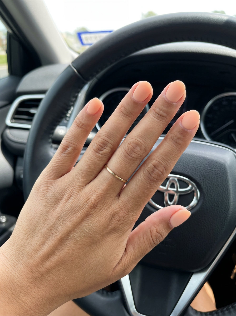 Sophisticated peach fuzz velvet matte short round nails for formal events and cozy weekends. Short round summer nails 2026.