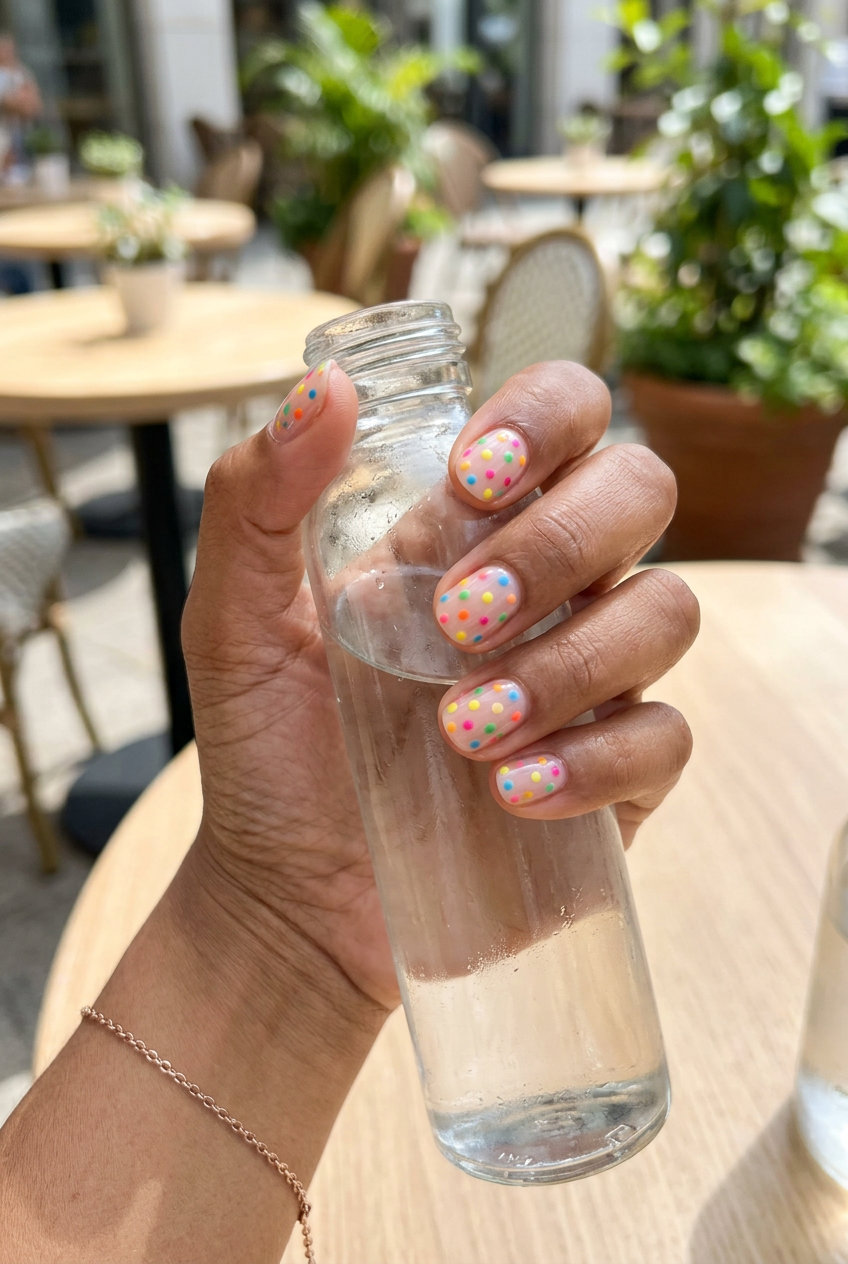 Fun rainbow dot short round nails for vacations and summer fun. Short round summer nails 2026.