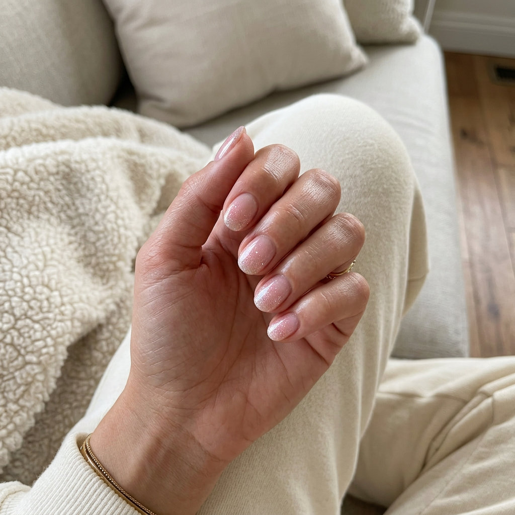 Sheer pink glitter gradient short round nails 2026 for wedding guest or date night. Romantic & glamorous.