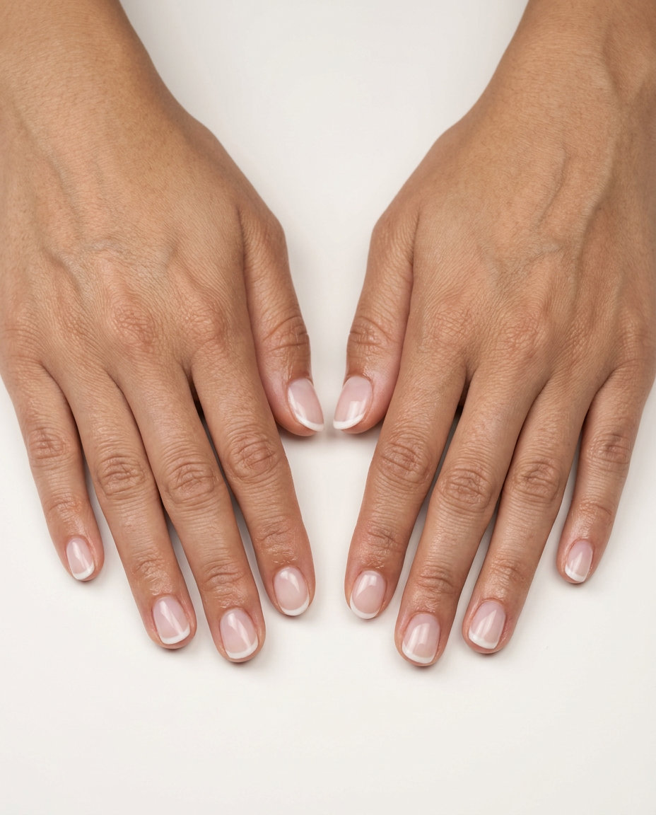 Minimalist sheer white classic French tip short round nails for work and weddings. Short round summer nails 2026.