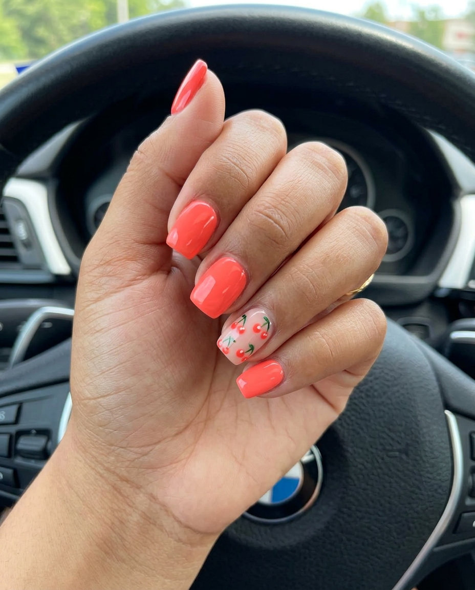 Short summer nails 2026: Bright coral with cherry accent for casual outings and BBQs.