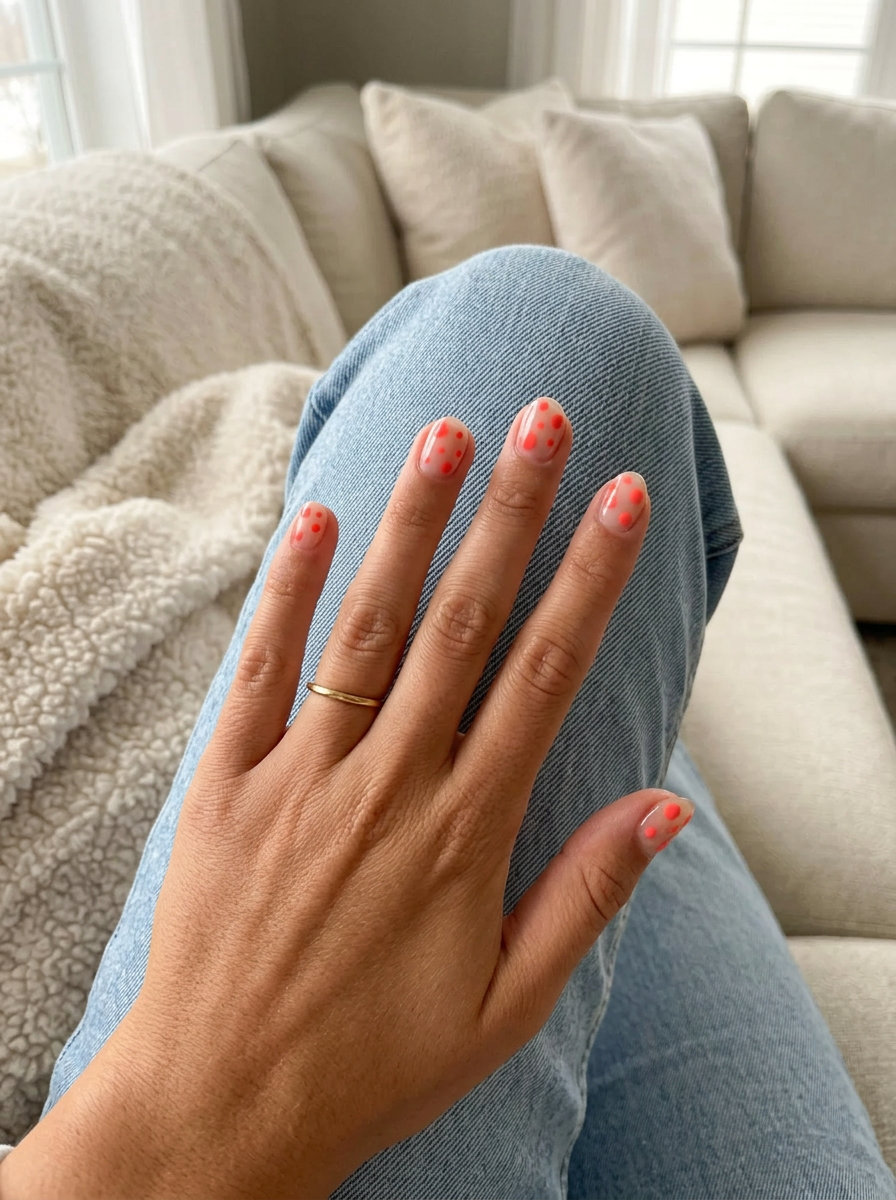 Short summer nails 2026: Bright coral abstract dots for casual outings and beach days.