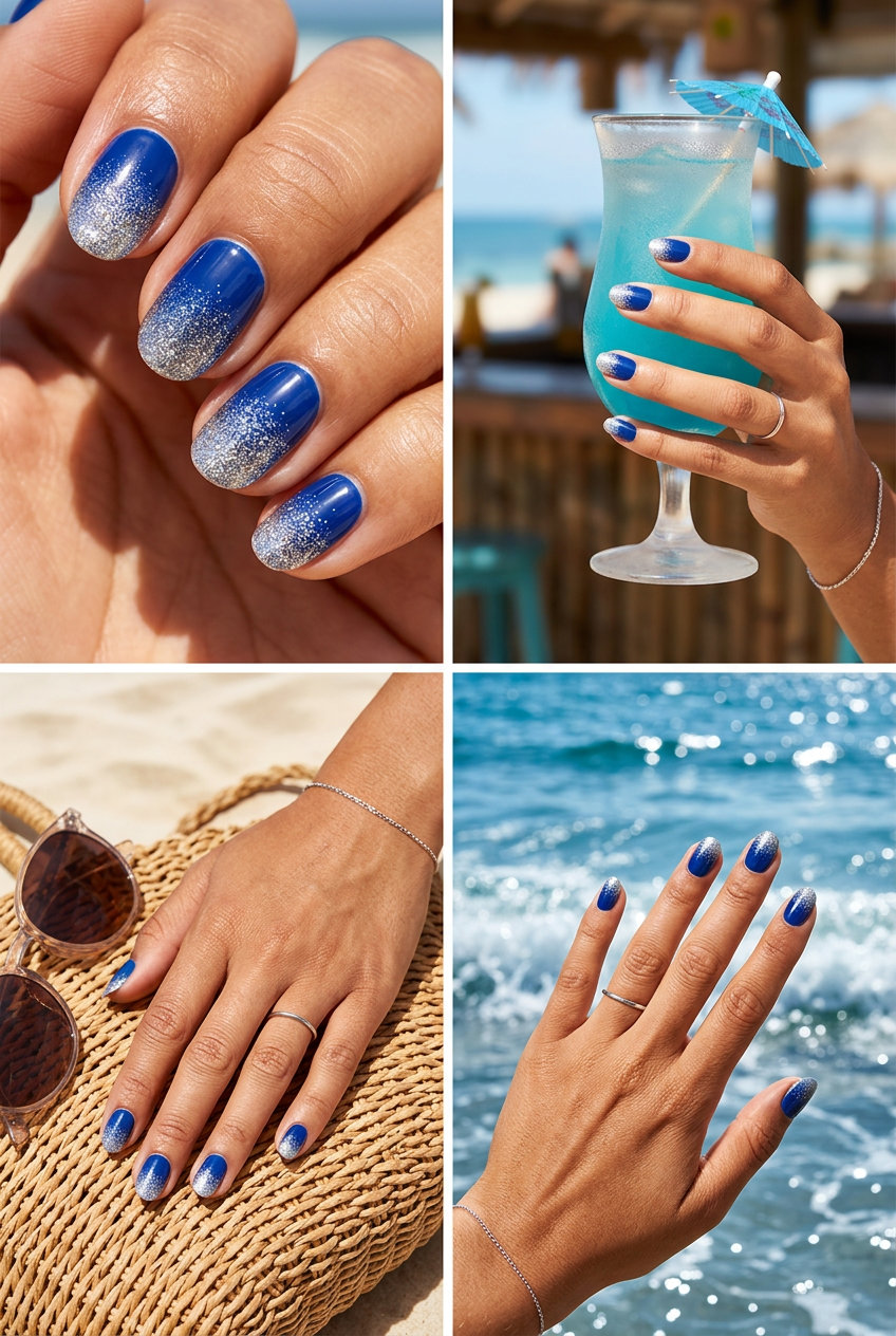 Glamorous cobalt blue glitter gradient on short rounded nails for parties and summer nights out. Short summer nails 2026.