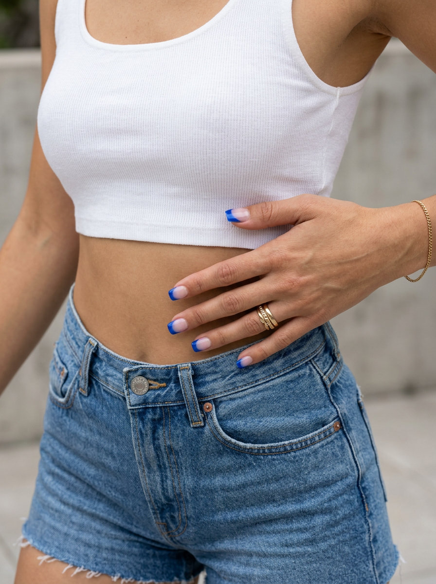 Playful cobalt blue jelly micro French tips on short rounded nails for casual summer outings and brunch. Short summer nails 2026.