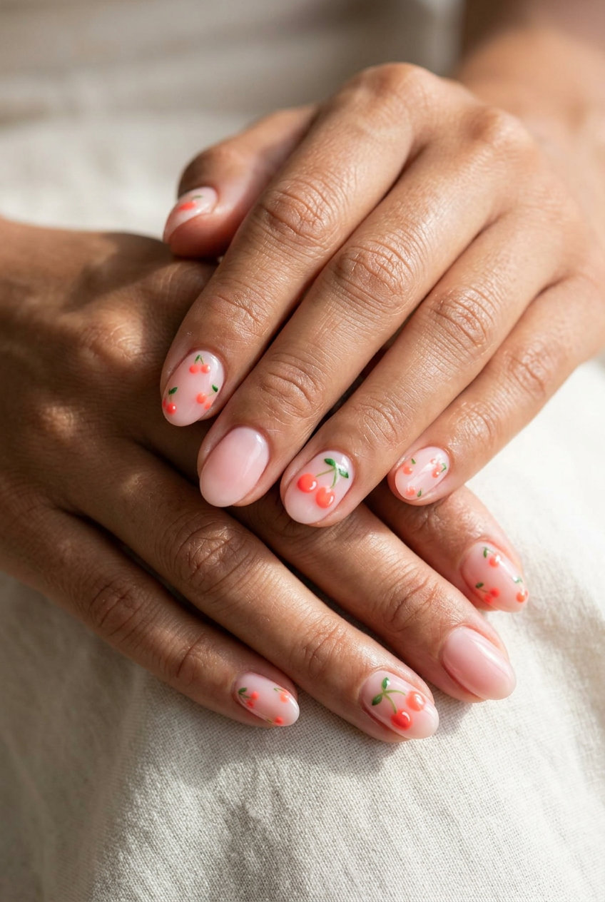 Short summer nails 2026: Cute coral cherry accents on sheer pink base for vacation and casual outings.