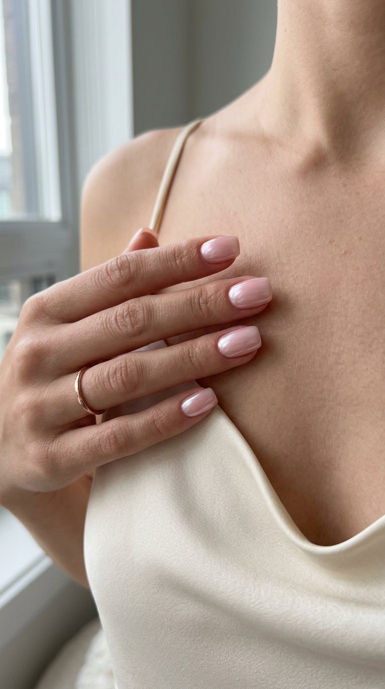 Glamorous sheer pink glazed donut effect on short almond nails for date nights and bridal looks. Short summer nails 2026.