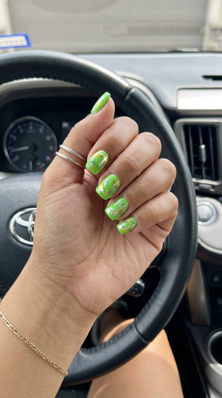 Short summer nails 2026: Bold lime green abstract foil splash for festivals and vacations.