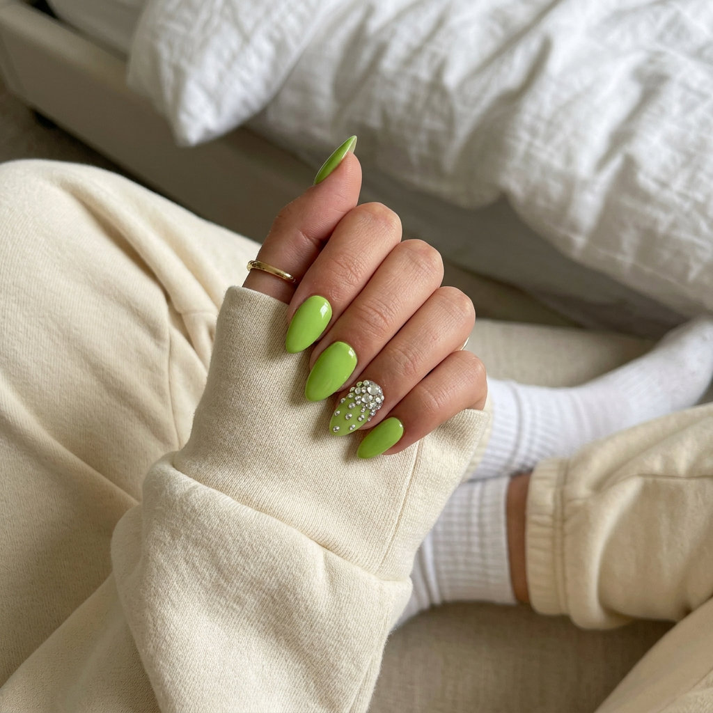 Playful lime green with rhinestone sparkle on short squoval nails for festivals and casual summer outings. Short summer nails 2026.