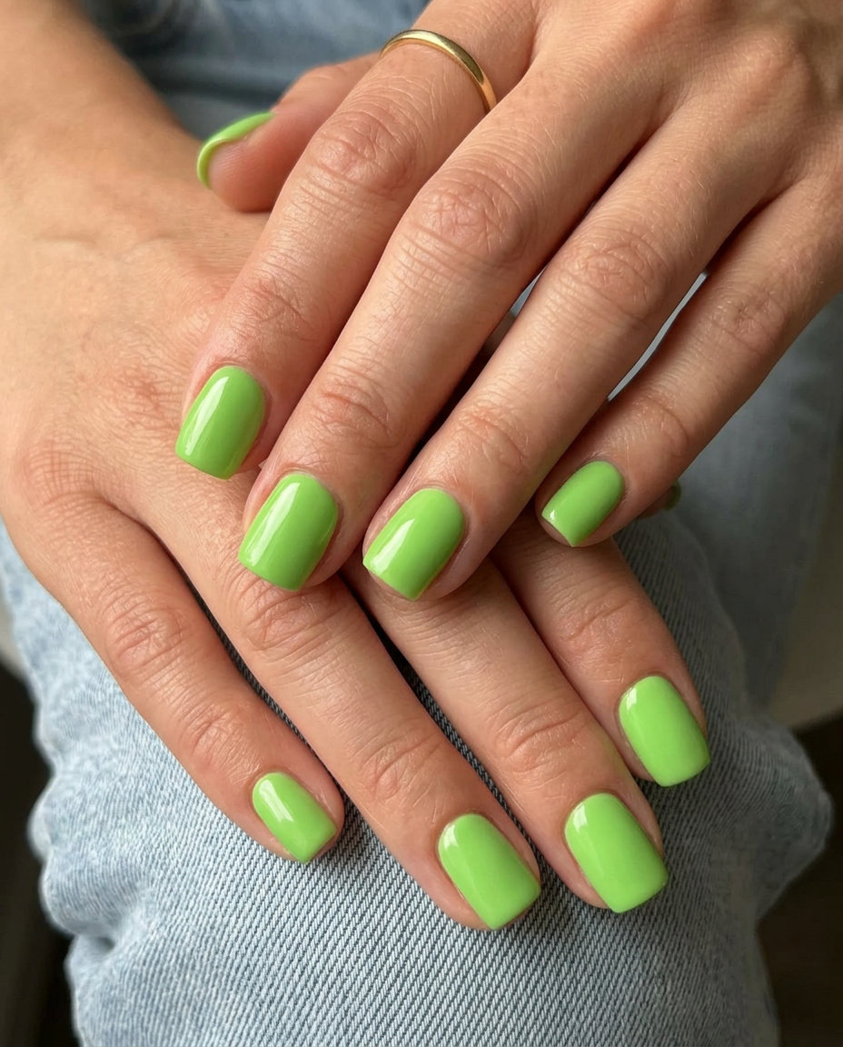 Short summer nails 2026: Lime green solid glossy statement for vacations and summer parties.