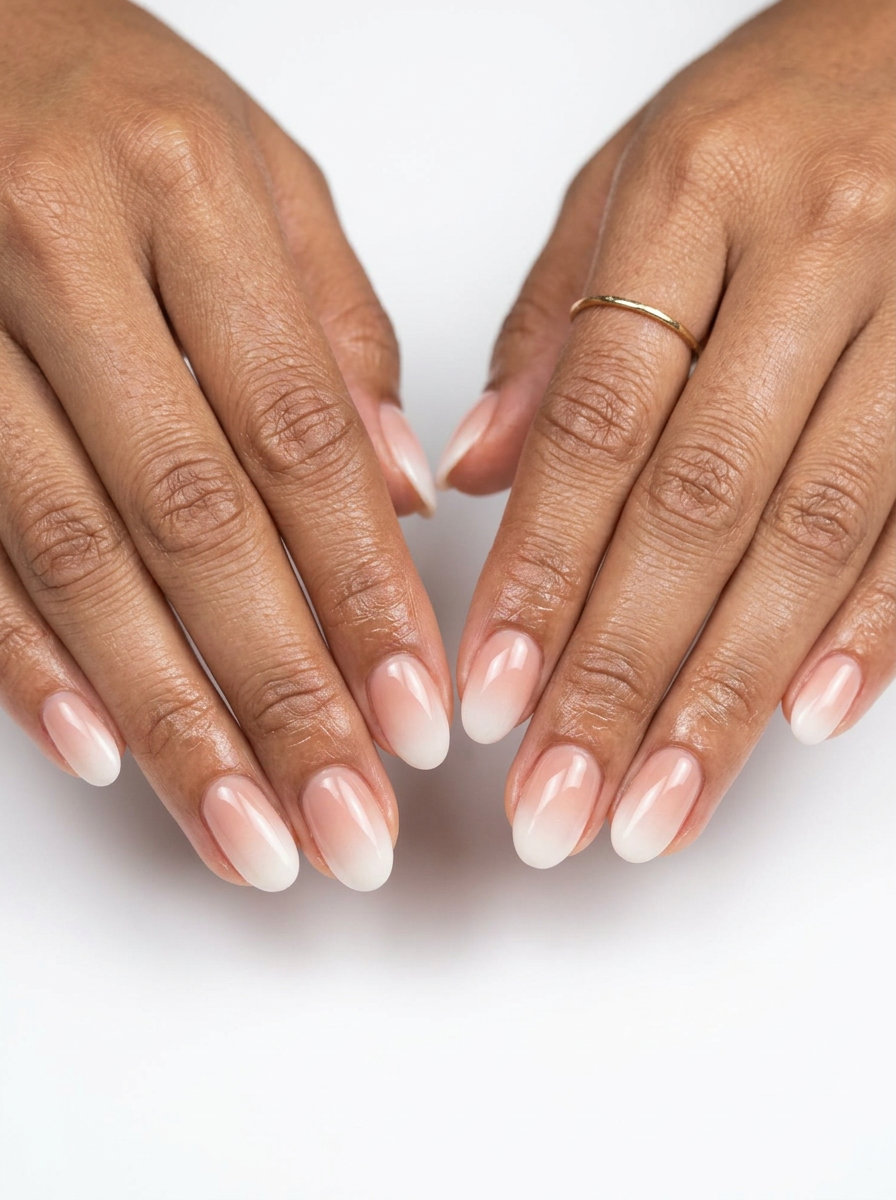 Short summer nails 2026: Nude milky French ombre for clean girl aesthetic and work.