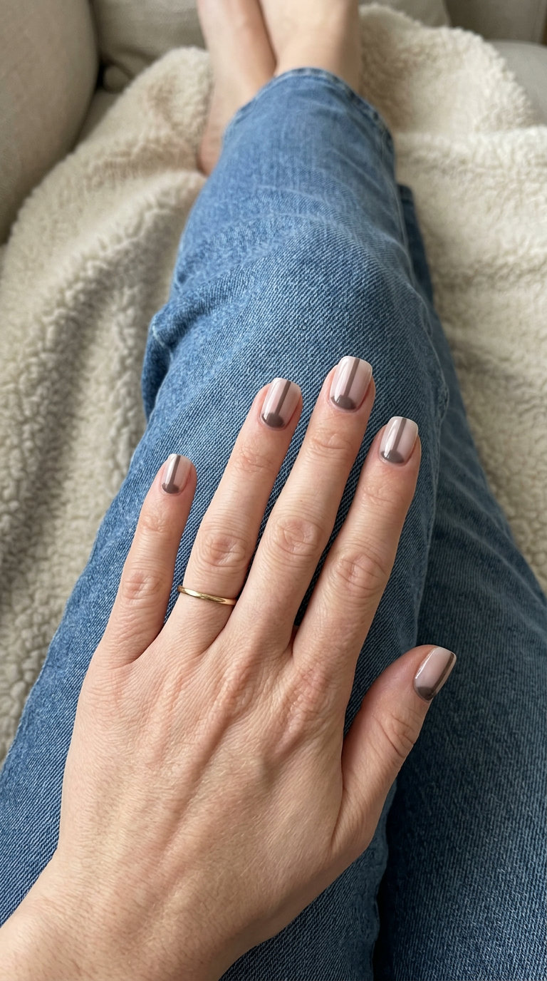 Minimalist nude negative space lines on short almond nails for work and business casual. Short summer nails 2026.
