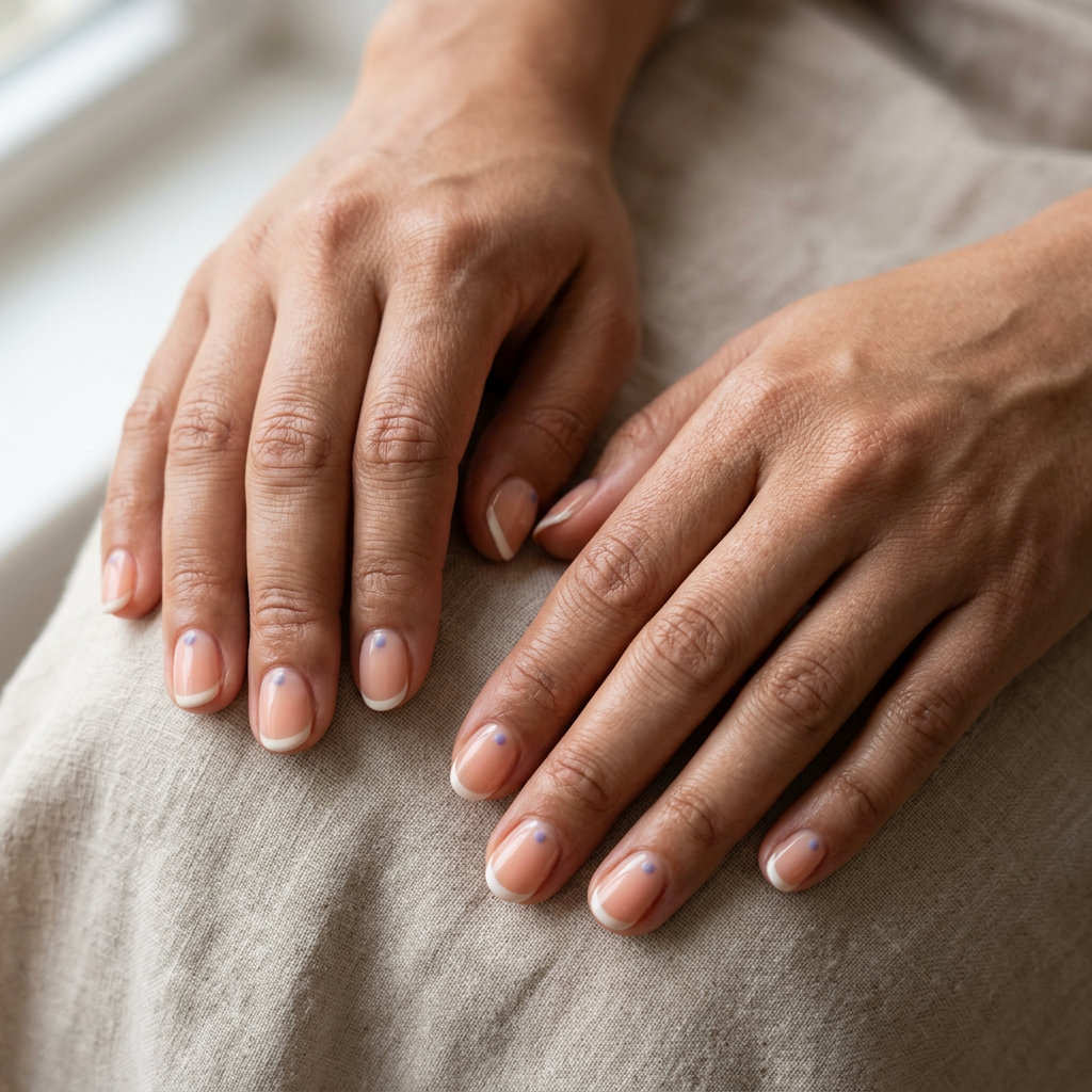 Sophisticated peach fuzz micro French dot on short squoval nails for daily wear and casual summer outings. Short summer nails 2026.