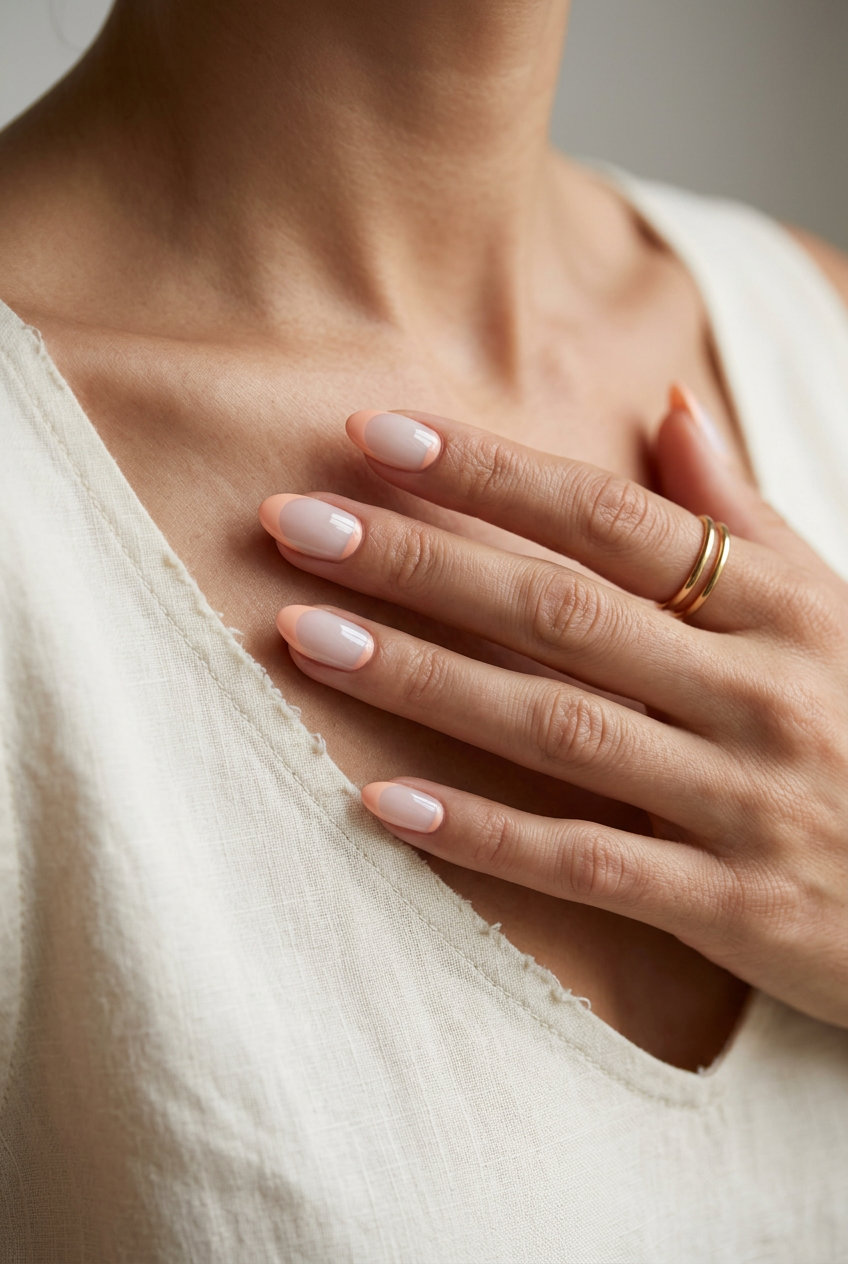 Short summer nails 2026: Peach fuzz reverse French for sophisticated daily wear and formal events.