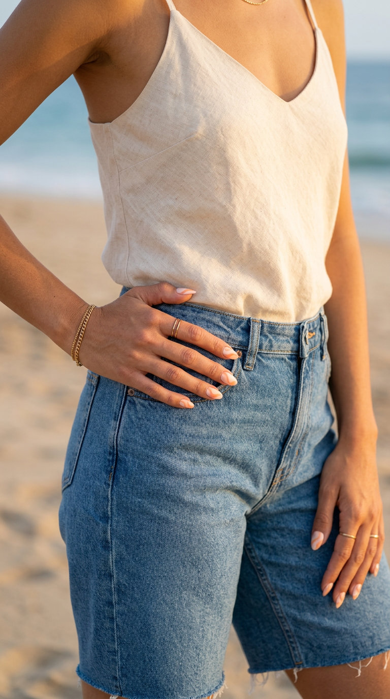 Short summer nails 2026: Creamy nude base with soft peach fuzz abstract swirls for a sophisticated look.
