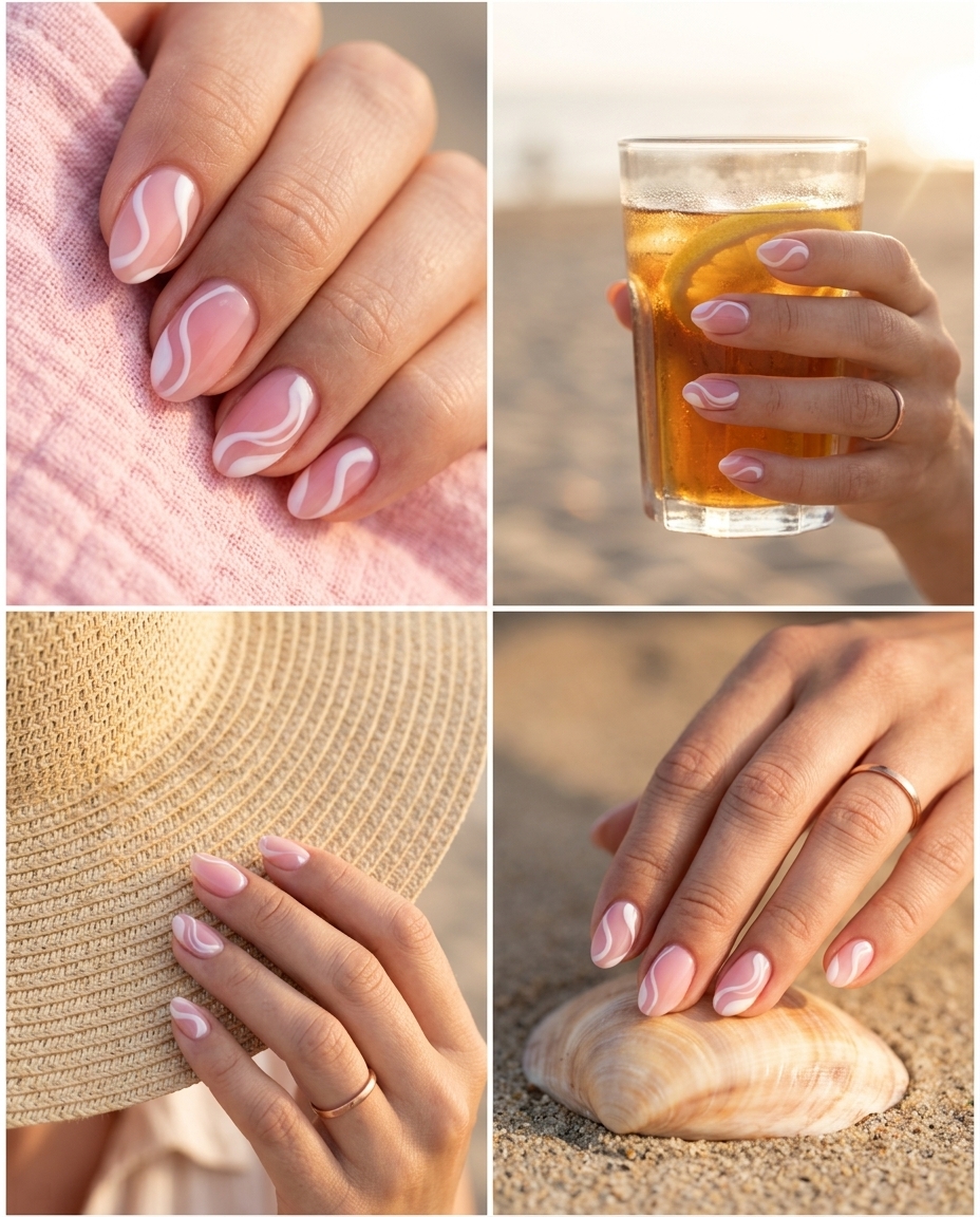 Short summer nails 2026: Sheer pink abstract swirls for date nights and romantic occasions.