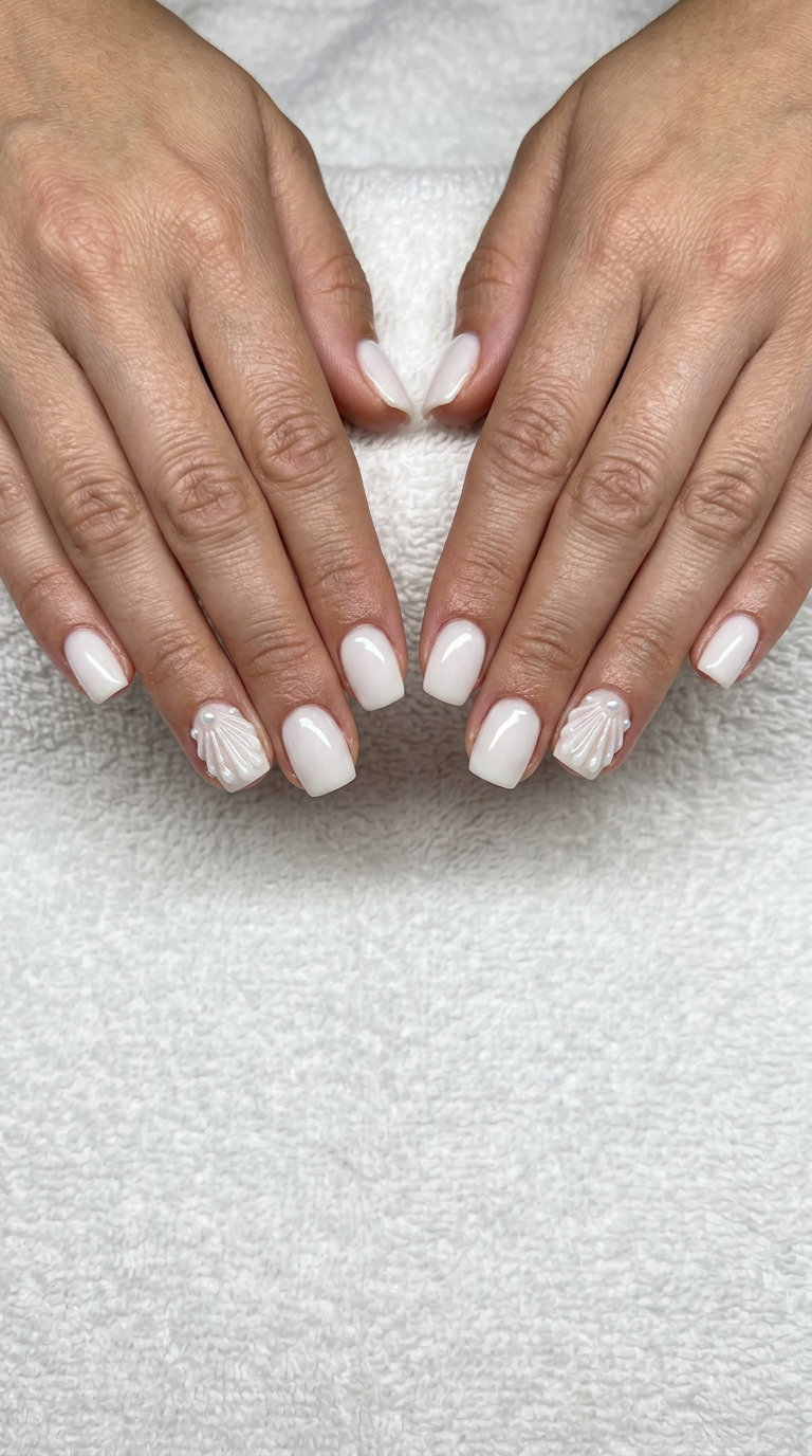 Bohemian textured seashell accents on short round nails for beach vacations and summer festivals. Short summer nails 2026.