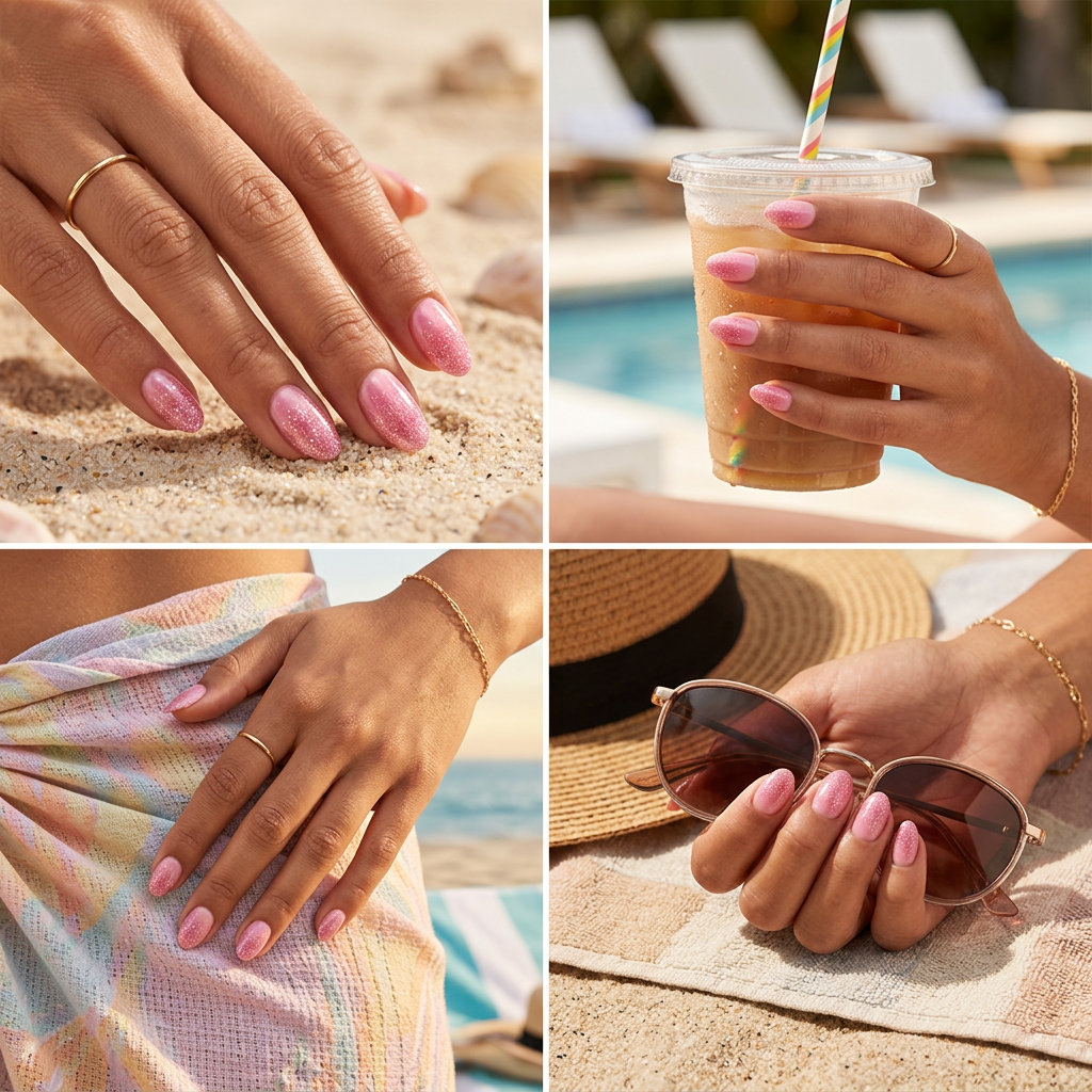 Short summer nails 2026: Subtle sparkle fade squoval with sheer pink glitter gradient for casual outings.