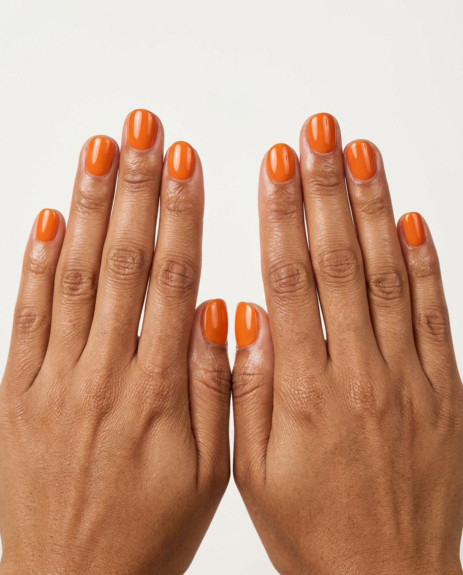 Short summer nails 2026: Vibrant orange solid squoval for energetic casual outings and vacations.
