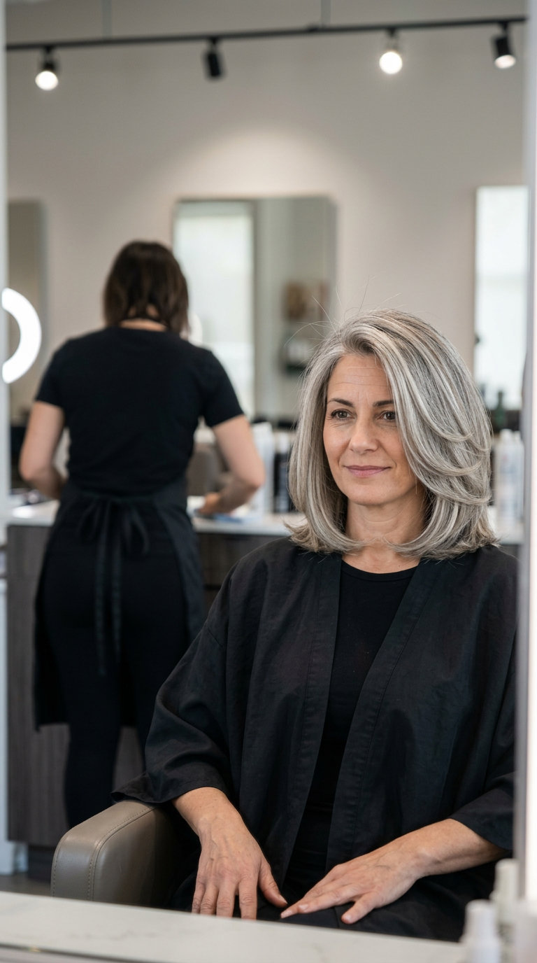 medium-length Baroque Bob haircut with multi-tonal silver, beige, gray blend, rounded ends, deep side part — glamorous and voluminous