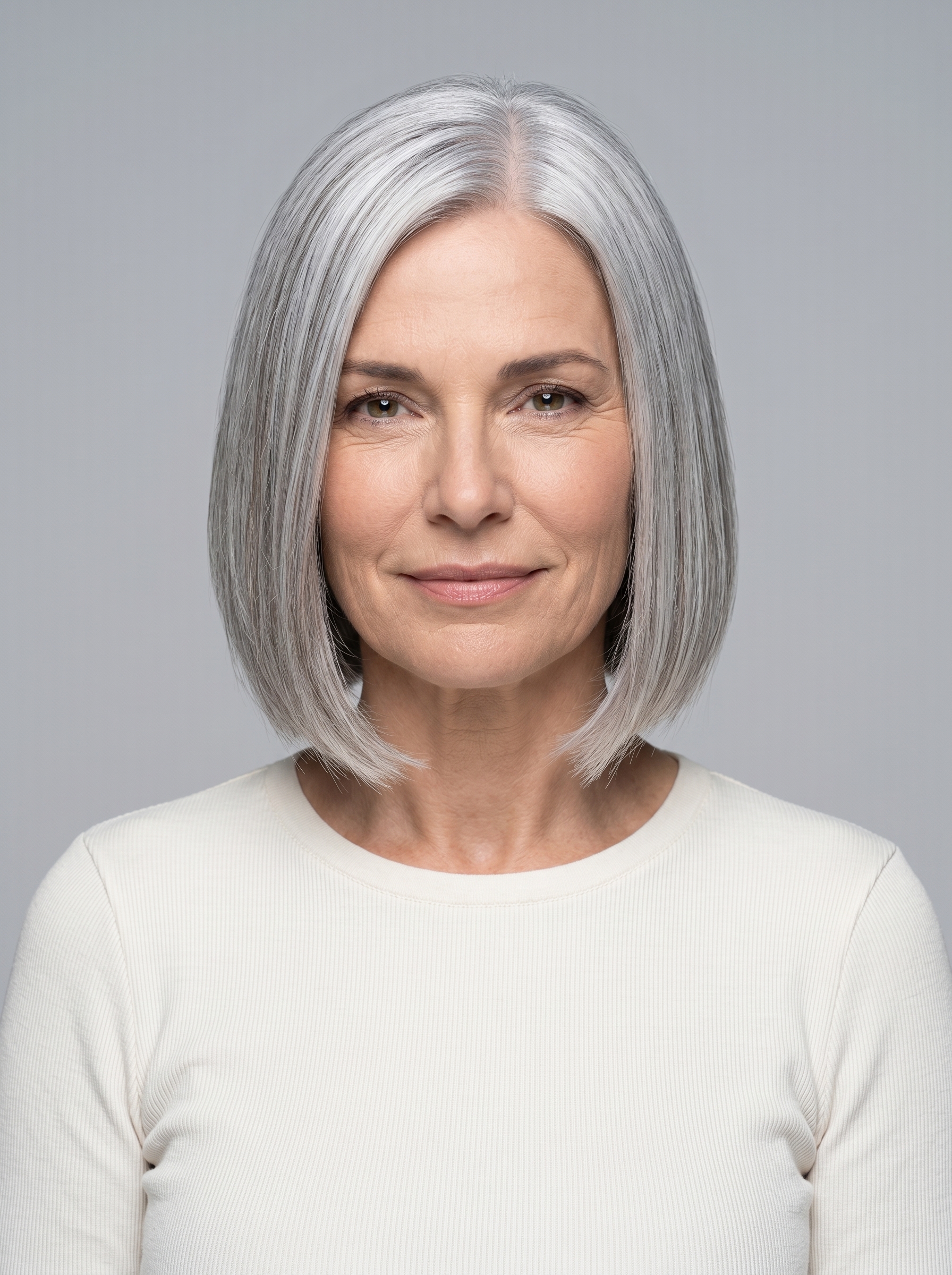 chin-length bob haircut with natural silver and high-shine gloss, blunt cut, graduated nape — sophisticated professional style