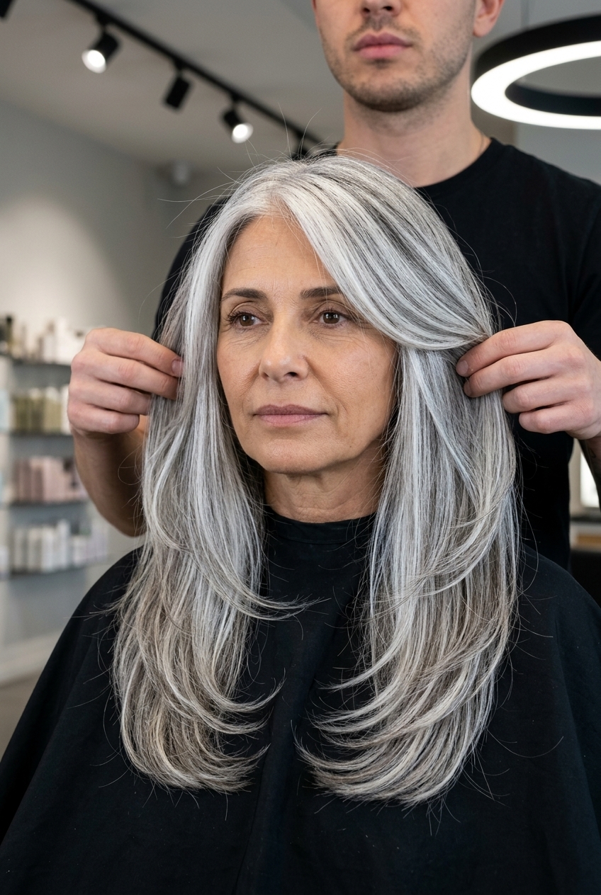 Platinum Stream Layers Haircut 2026 long silver U-shaped haircut with platinum streaks, soft layers, no fringe — bold elegant
