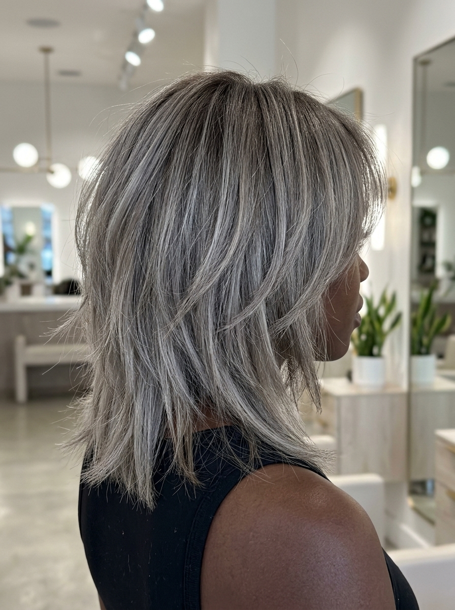 short razored pixie ash blonde with silver smoke color, root smudge, no fringe — edgy