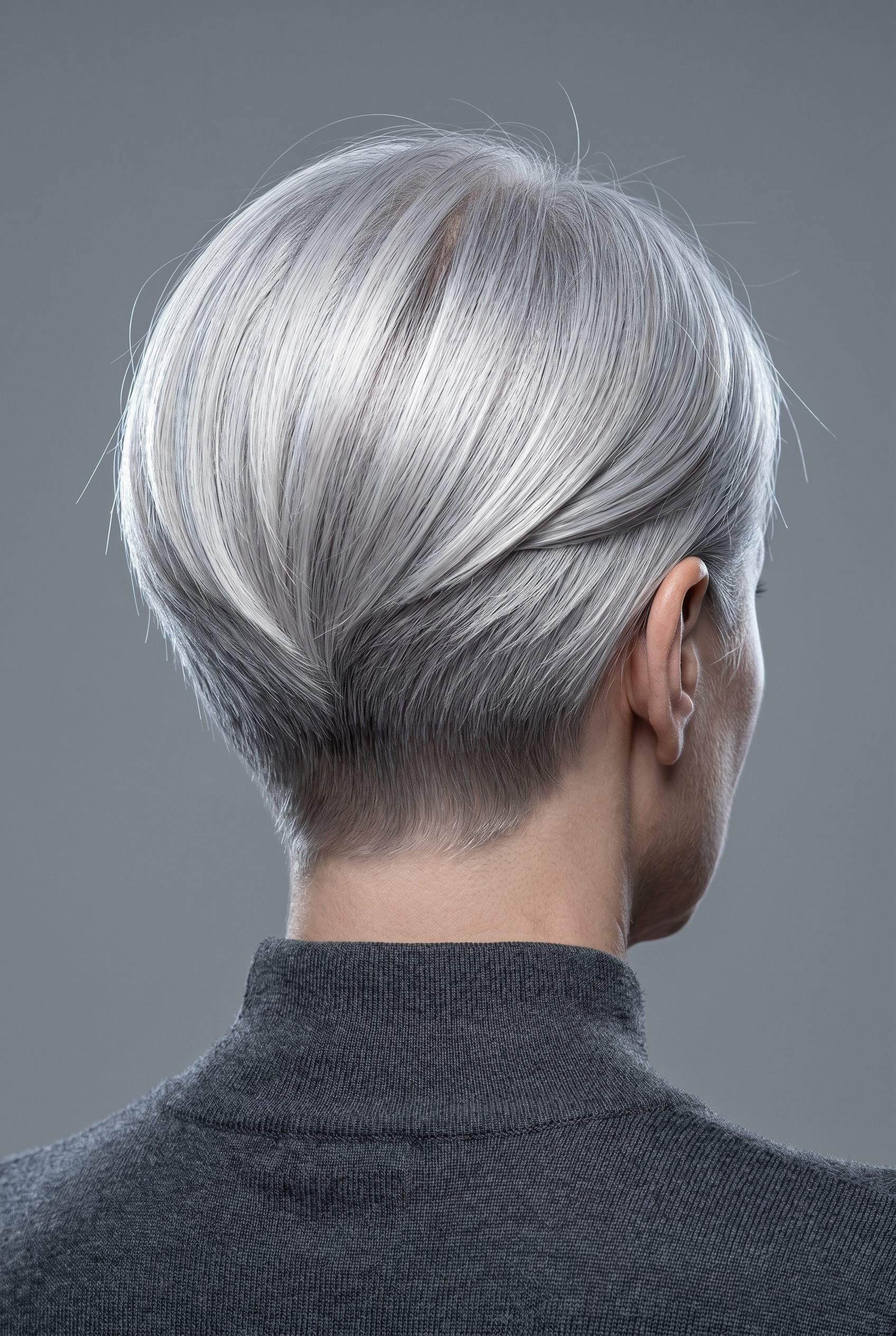 very short silver pixie with tapered sides and side-swept fringe for elegant events