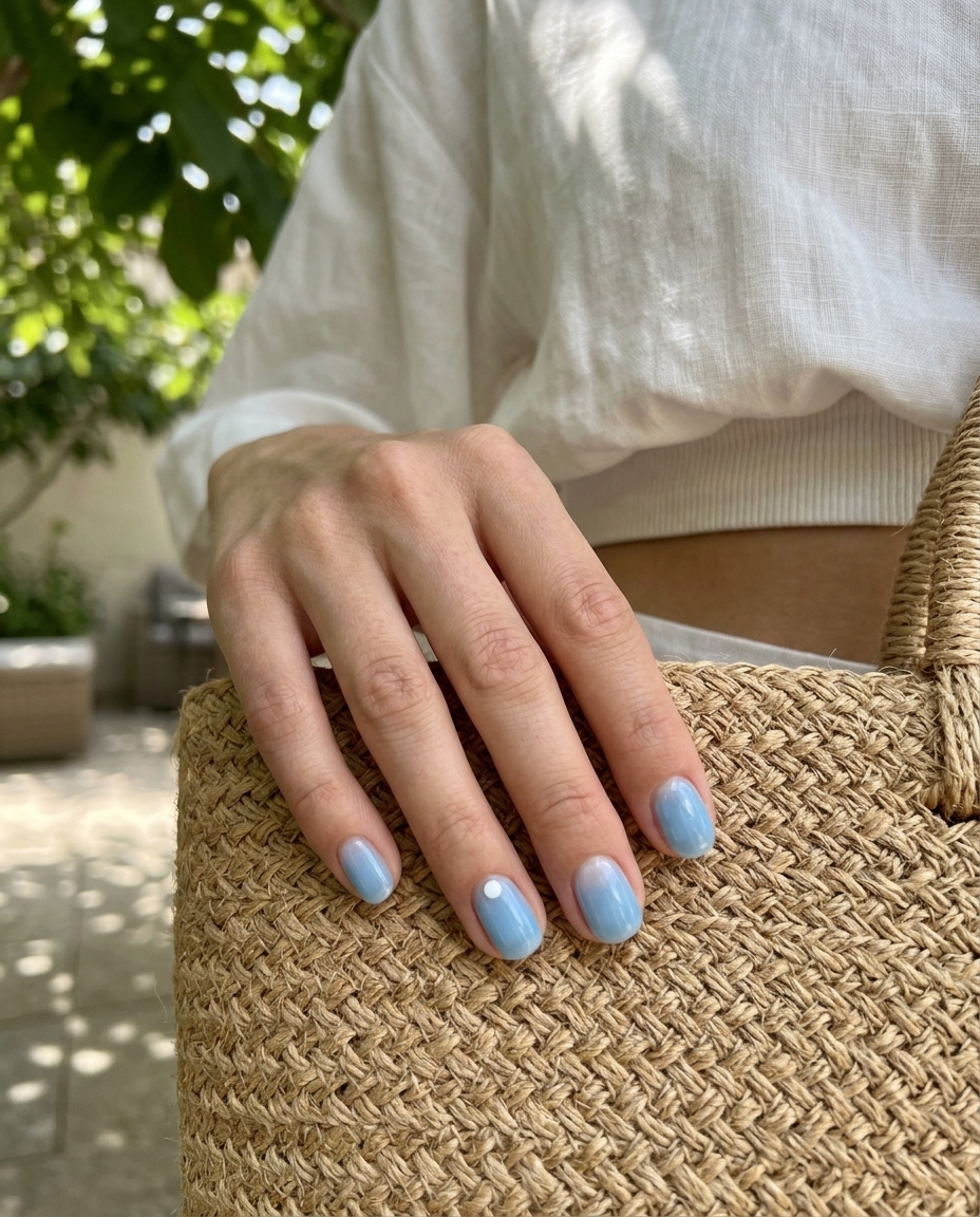Simple short summer nails 2026: Light sky blue jelly accent with dot for festivals. Playful & chic.