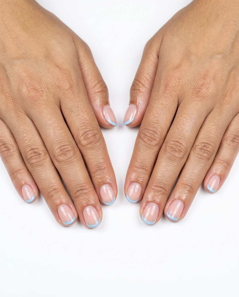 Simple short summer nails 2026: Light sky blue round micro french for casual outings. Playful & fresh.