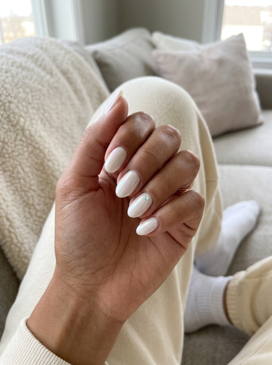 Simple short summer nails 2026: Milky white soft almond chrome for parties. Glamorous & chic.