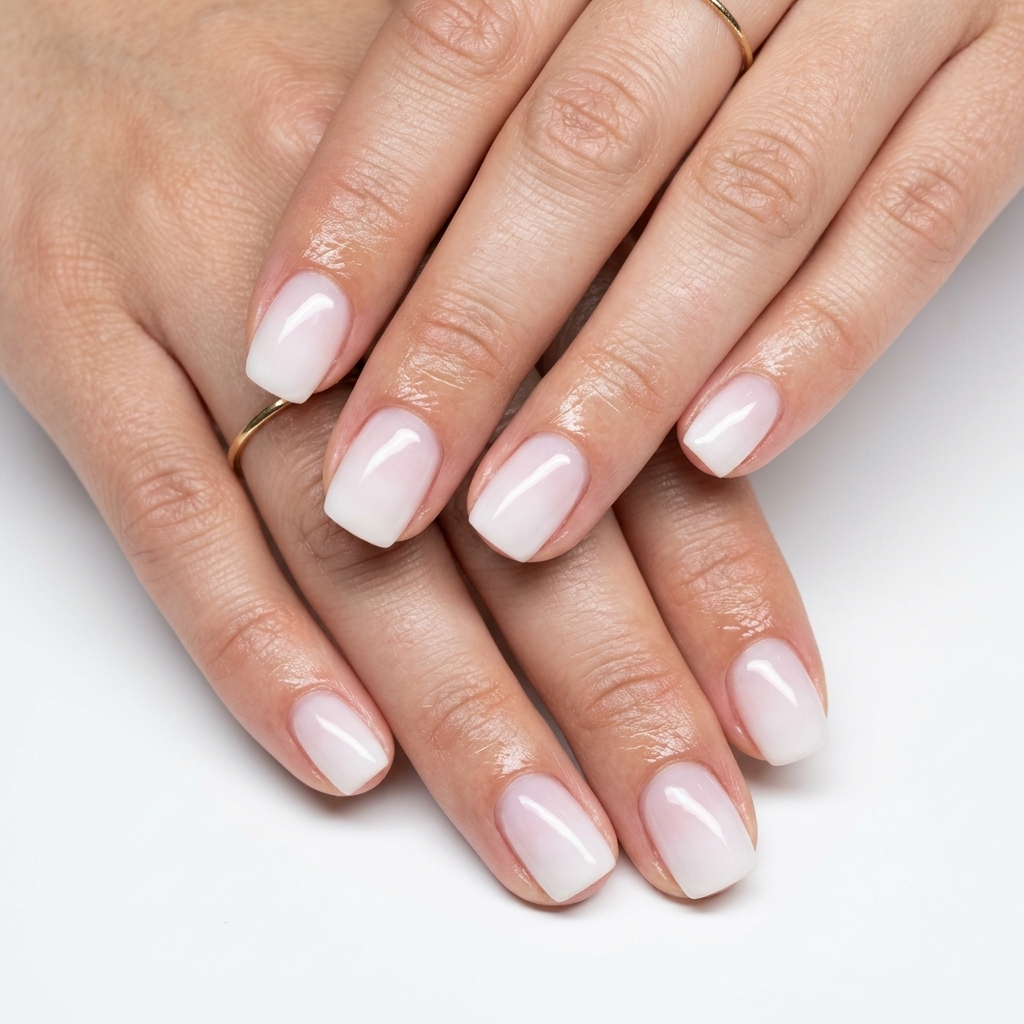 Simple short summer nails 2026: Milky white squoval ombre clouds for weddings. Ethereal & romantic.