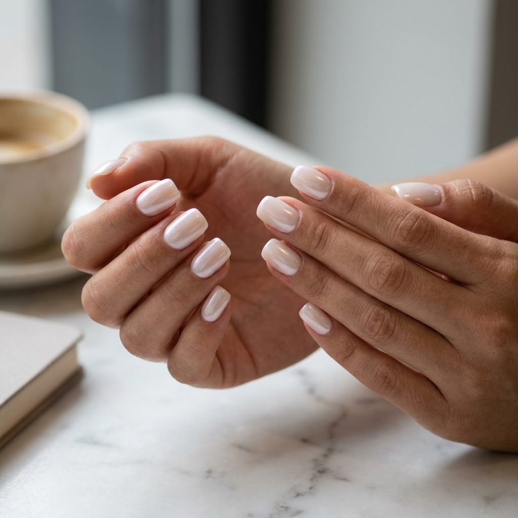 Milky white squoval glazed nails for sophisticated simple short summer nails 2026. Great for work.