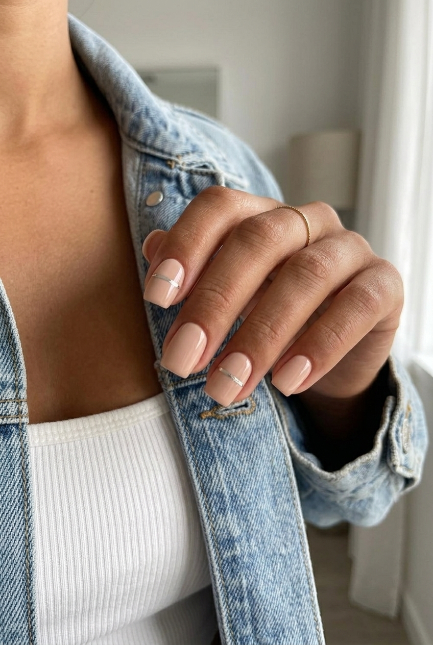Simple short summer nails 2026: Nude squoval with minimalist chrome line for work. Polished & chic.