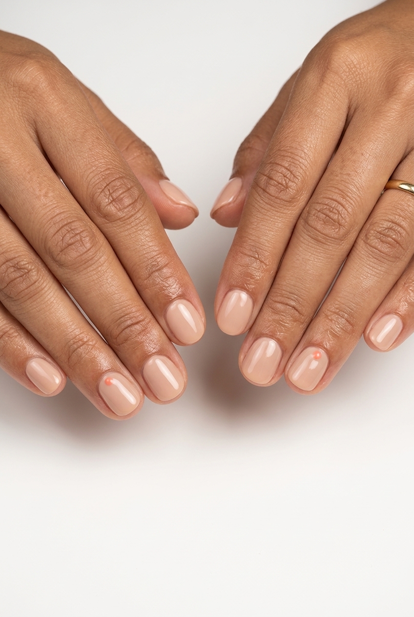 Nude squoval nails with single dot accent for minimalist simple short summer nails 2026. Chic everyday.