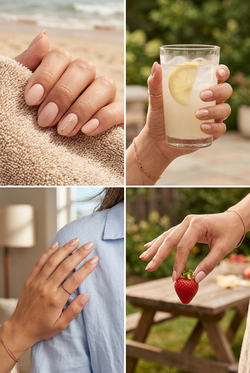 Nude soft almond nails with gold foil decals for work or special occasions. Simple short summer nails 2026.
