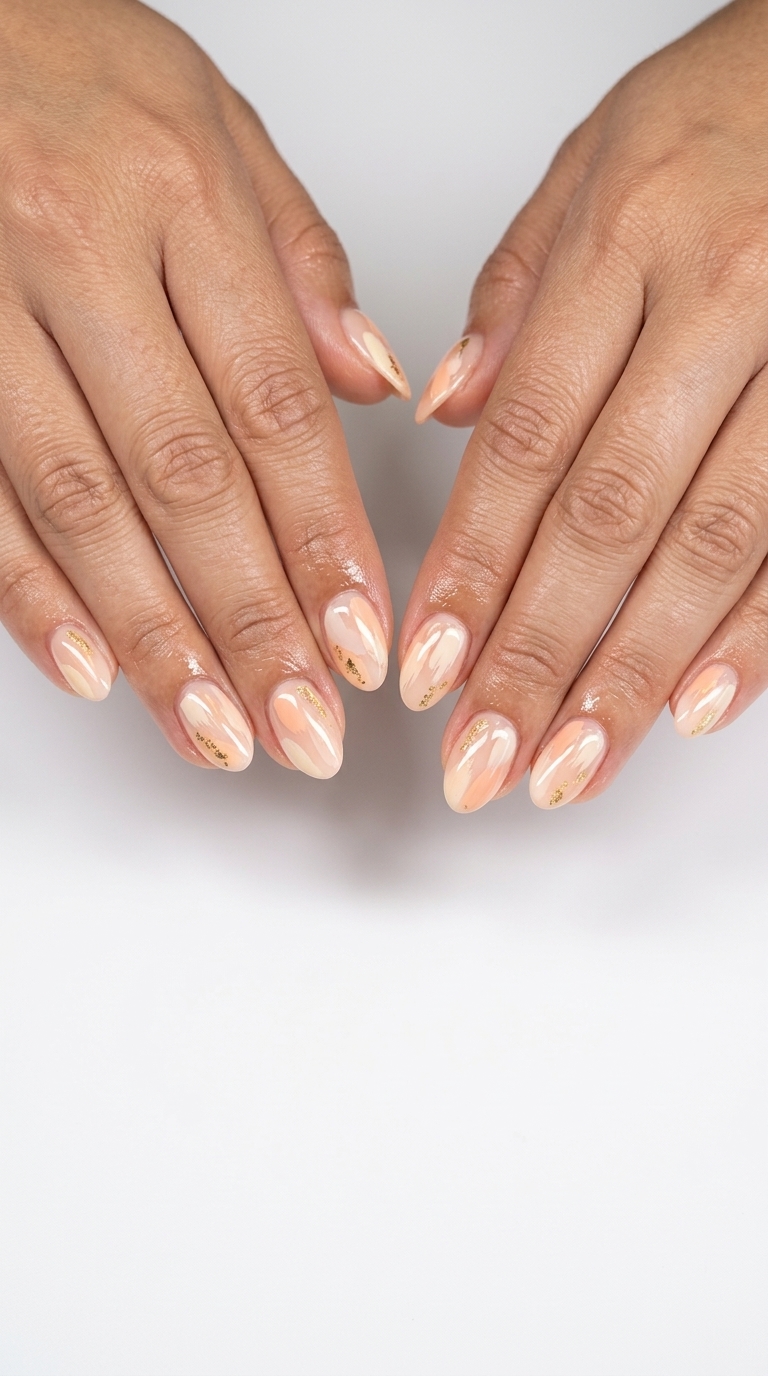 Pale peach abstract soft almond nails for vacation or brunch. Simple short summer nails 2026 with artistic flair.