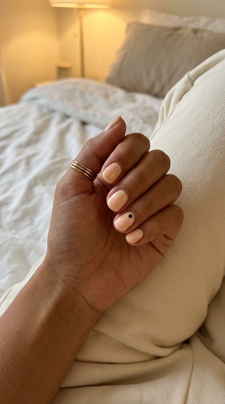 Simple short summer nails 2026: Pale peach with a single black dot accent for daily wear. Minimalist & sophisticated.