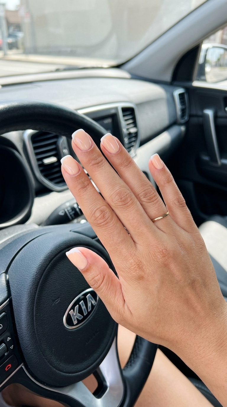 Pale peach squoval micro French nails for clean simple short summer nails 2026. Work appropriate.