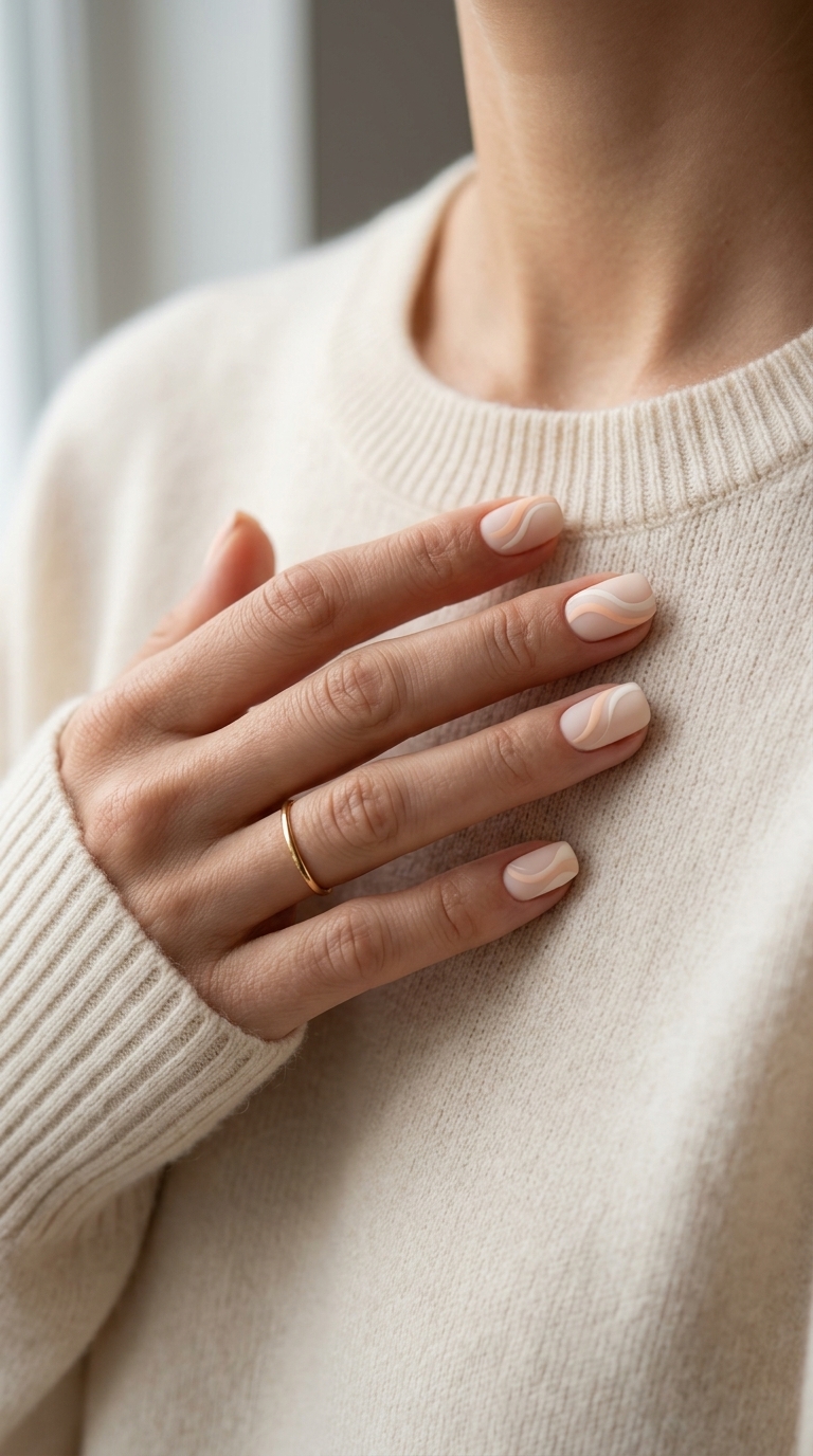 Simple short summer nails 2026: Pale peach squoval abstract swirls for vacation. Artistic & bohemian.