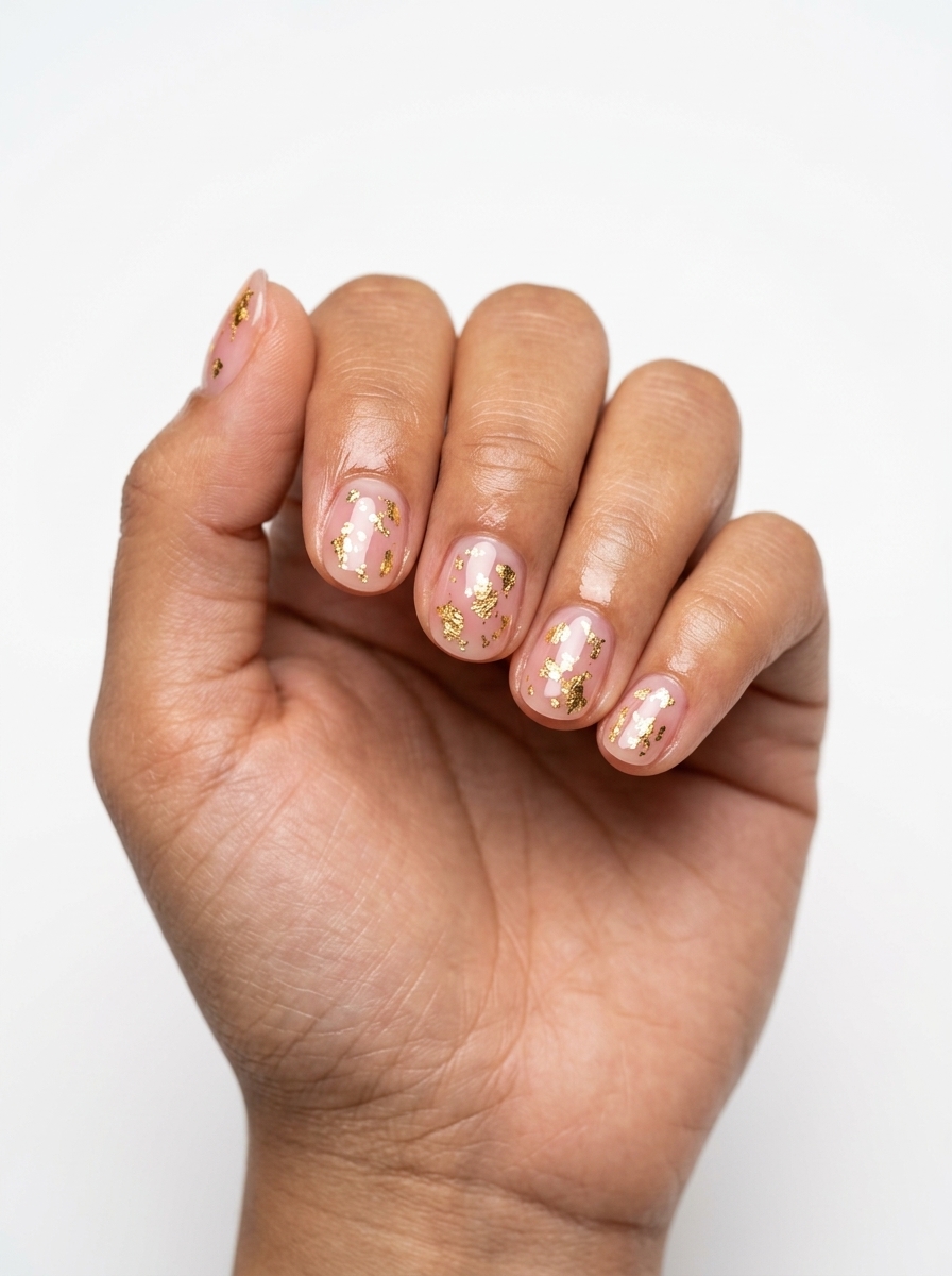 Sheer pink jelly nails with gold foil confetti for whimsical simple short summer nails 2026. Party perfect.