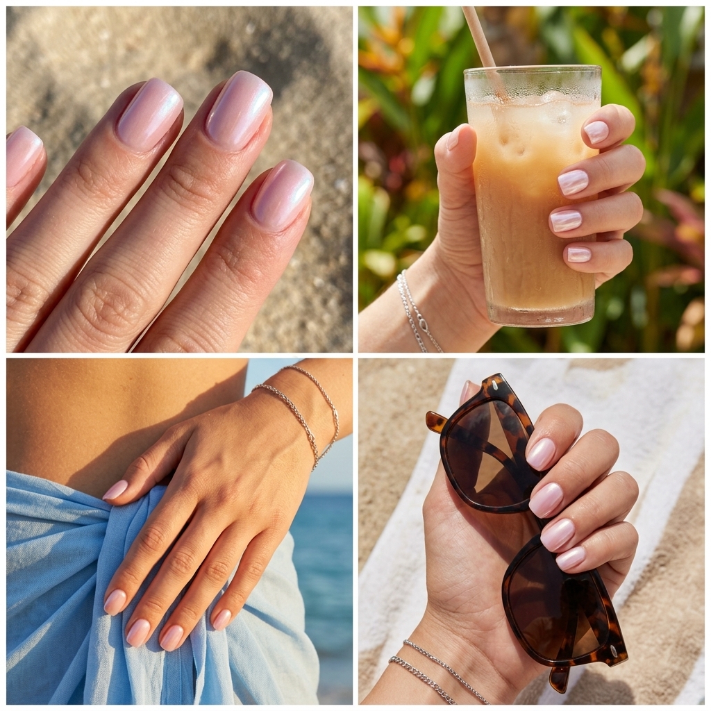 Sheer pink squoval glazed nails for daily wear or bridal. Simple short summer nails 2026 with pearlescent finish.