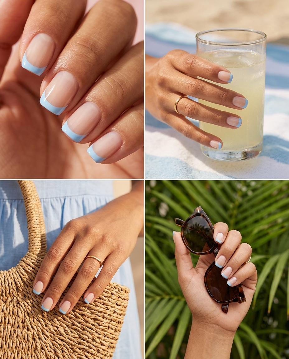 Light sky blue color French tip on squoval nails for playful simple short summer nails 2026. Vacation ready.