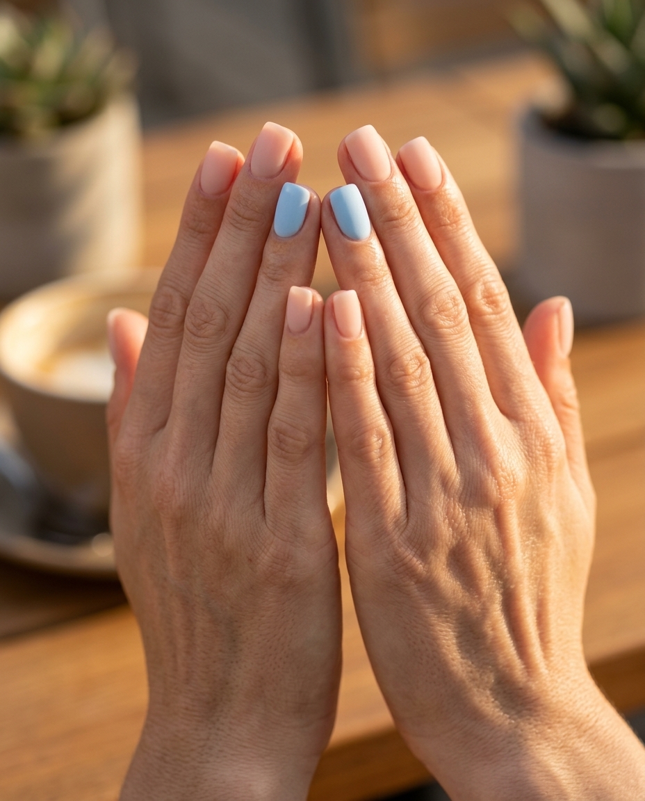 Light sky blue matte accent on short round nails for playful simple short summer nails 2026.